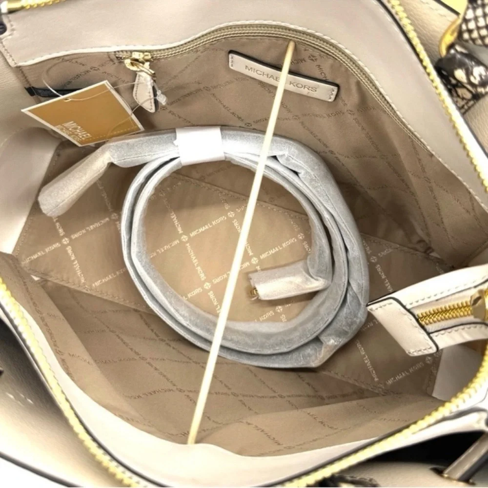 Michael Kors Reed Large Belted Satchel Crossbody Bag Light Cream Snakeskin